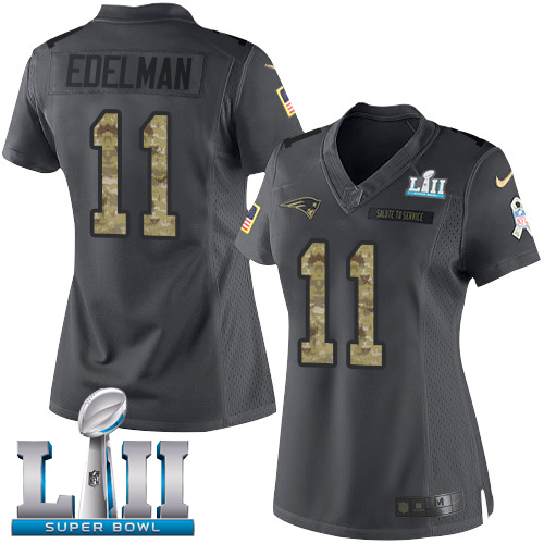 Nike Patriots #11 Julian Edelman Black Super Bowl LII Women's Stitched NFL Limited 2016 Salute to Service Jersey - Click Image to Close
